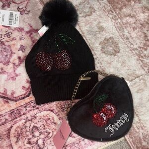 Juicy Couture Black Beanie and Heart Purse with Cherry Design